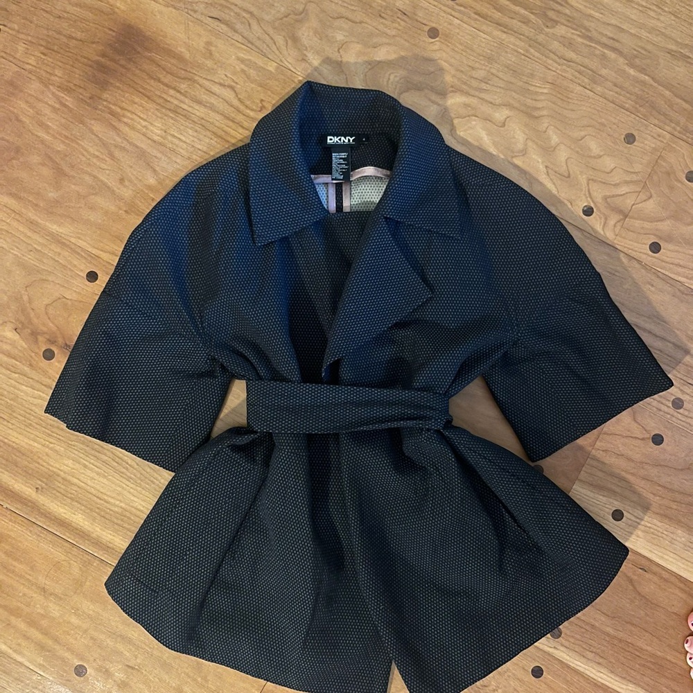 DKNY Black Trench Coat with Kimono Sleeves and Belted Waist